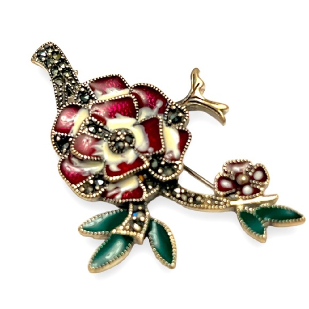 Sterling Silver Enamel Flower Brooch, Marcasite Stones, Signed 925 SS Art Deco